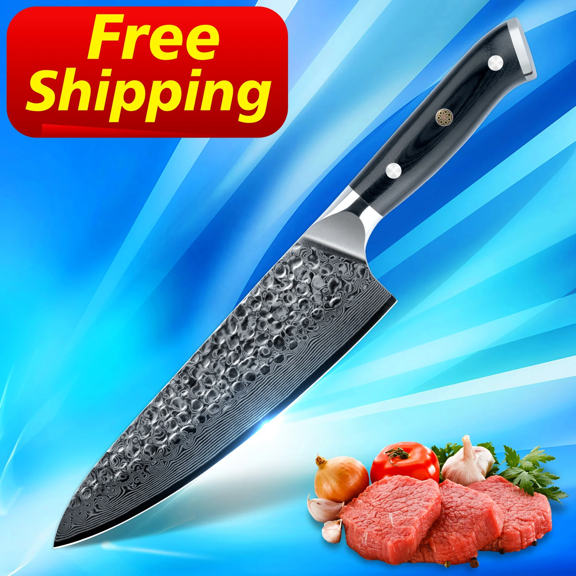 

Free Shipping orders over 100 pcs Hammer Pattern width blade 8 inch damascus steel chef knife with G10 fiber Handle, Customized color