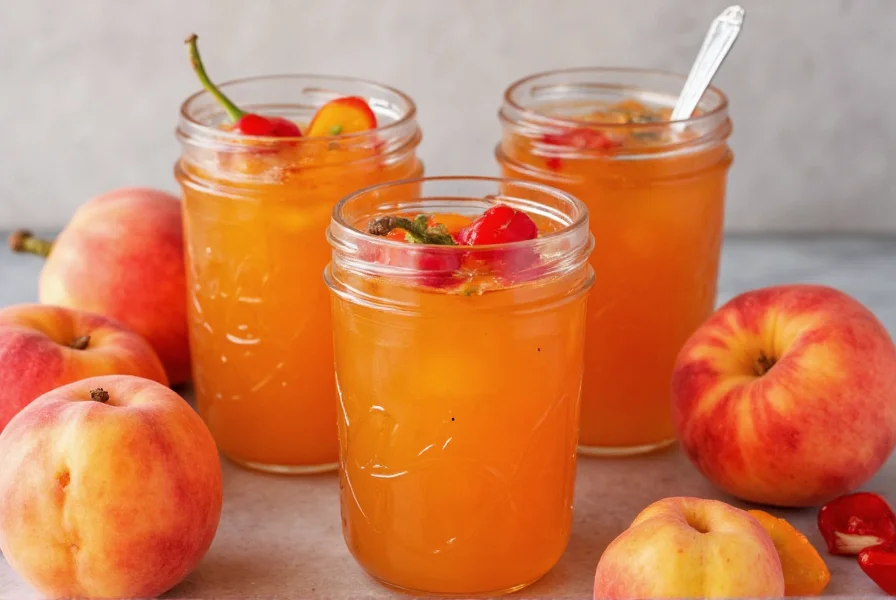 Homemade peach pepper jelly in mason jars with fresh peaches and peppers arranged around them
