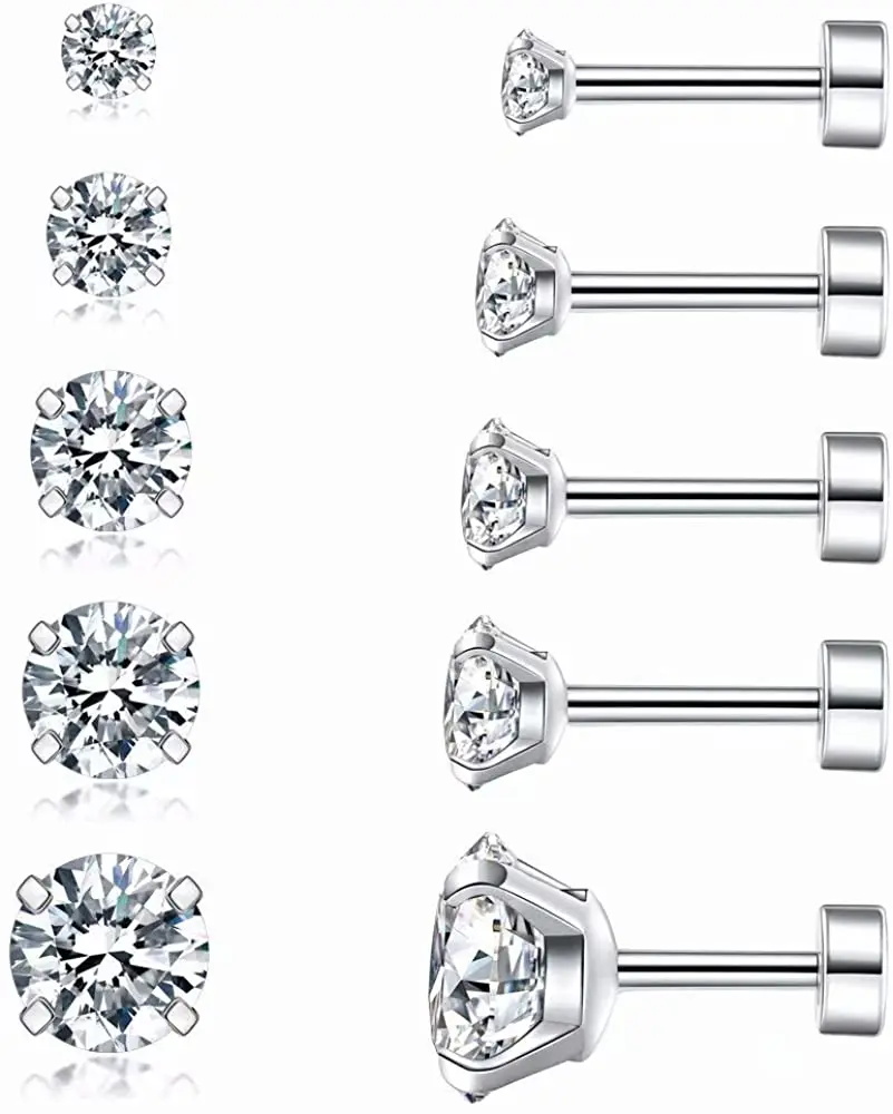 

5 Pairs CZ Surgical Stainless Steel Screw Back Hypoallergenic Stud Earrings
