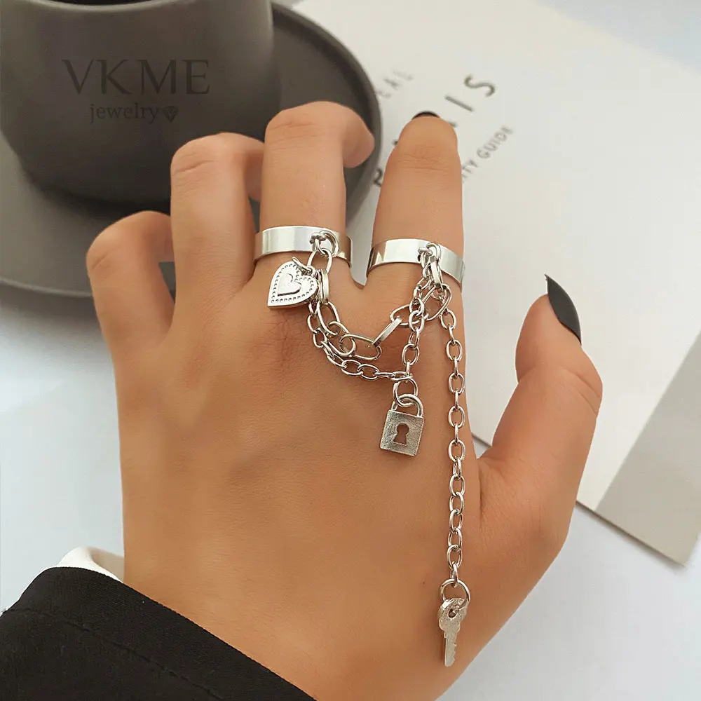 VKME Fashion Ins Locks Heart Long Chain Ring Set Adjustable Open Finger Rings for Women Jewelry