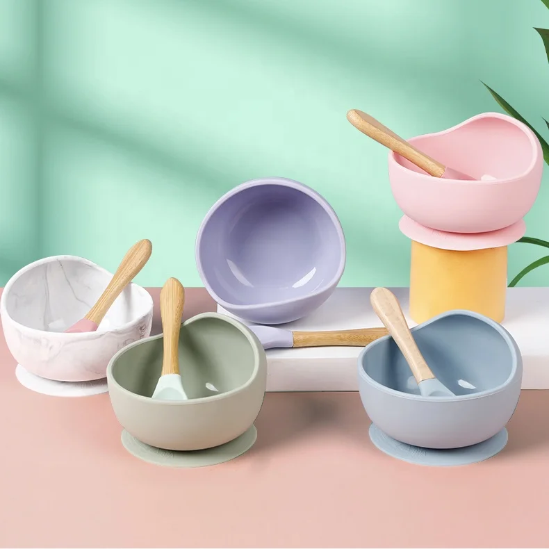 

Suppliers Wholesale Colorful Suction Bowl Food Grade Silicone Non-Slip Suction Baby Feeding Bowl With Spoon, Customized