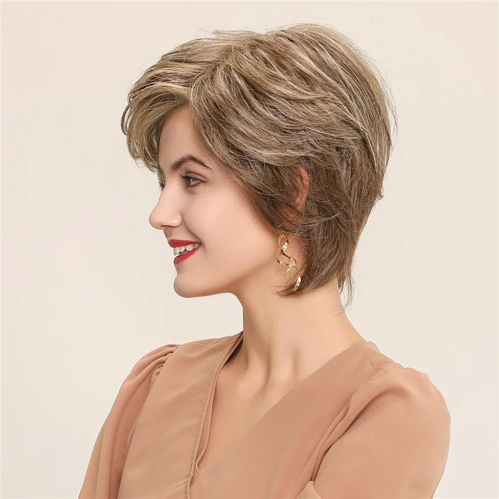 

Professional production of high quality fluffy headgear pixie cut short blonde wigs human hair lace front