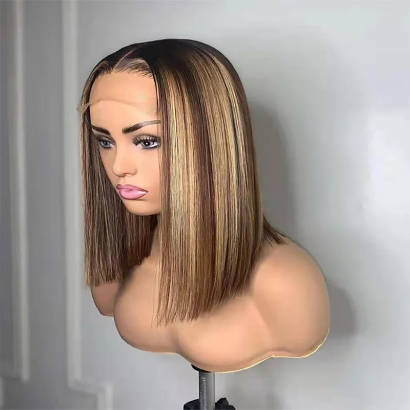 

Machine Made 4/27 Piano Wig Bob Wig Mink Brazilian Hair Bone Straight Human Hair Wigs For Black Women