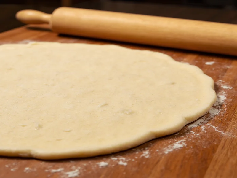 Homemade pie crust rolled out on wooden board