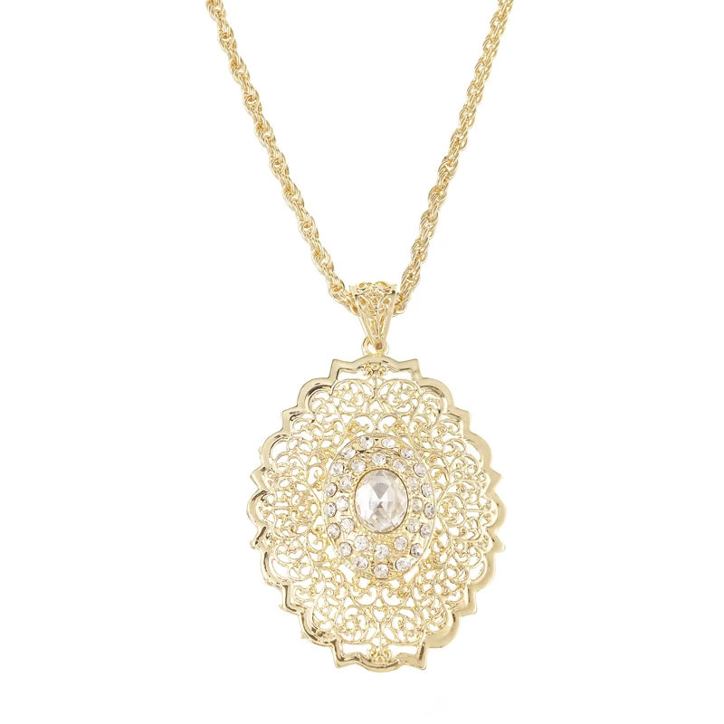 

Moroccan style gold long pendant oval rhinestone necklace for women Caftan charm pendant Bijoux national wedding jewelry, Gold and silver