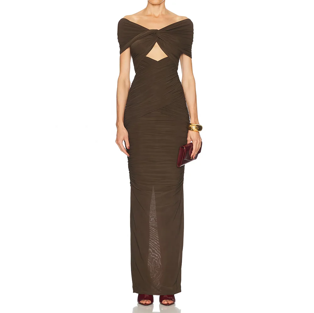 Off Shoulder V Neck Keyhole Knot Pleated Backless Long Dress