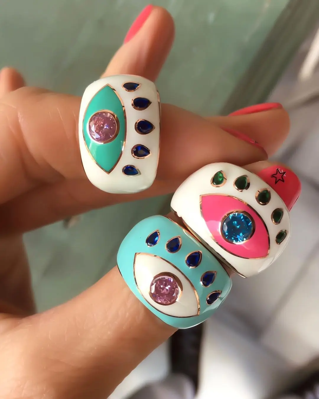 

Popular European Rosegold Plated Finger Jewelry Colorful Dropping Oil Enamel Evil Eye Shaped Wide Rings For Women, Customized