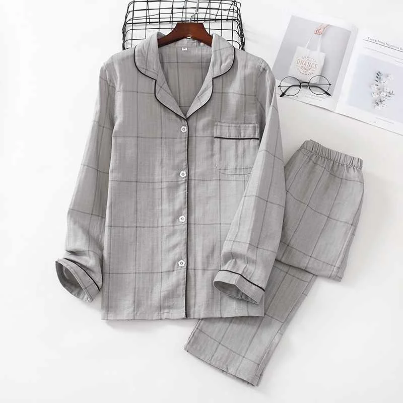 

Pure cotton sleepwear women's double-layer gauze thin section long-sleeved summer couple plaid home service suit, Required