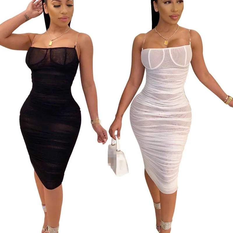 

FS0480D 2019 sexy women transparent mesh long sleeve dress