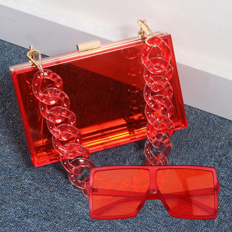 

New Arrivals 2021 Fashion Clear Designer Box Clutch Bag Matching Sunglasses and Purse Handbag Set
