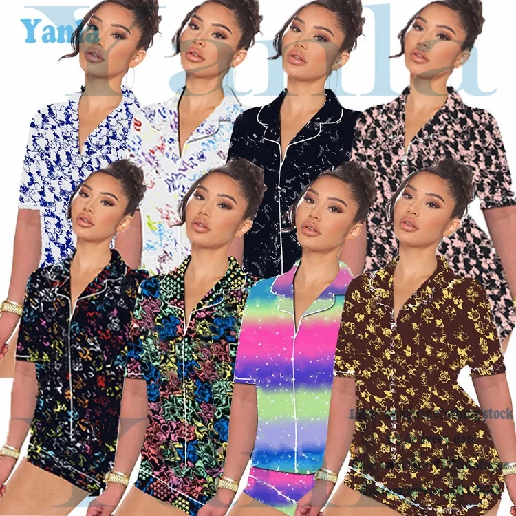 

Summer girls sleepwear two piece wholesale pajama set satin silk pajamas designers pyjamas short pajama for women