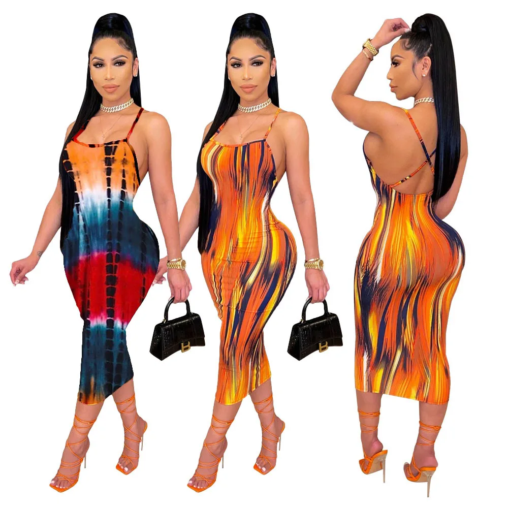 

New design fashion Tie Dye Sling Maxi Dress Women Casual Street Sleeveless sexy slim Festival Party Birthday Dress 2021