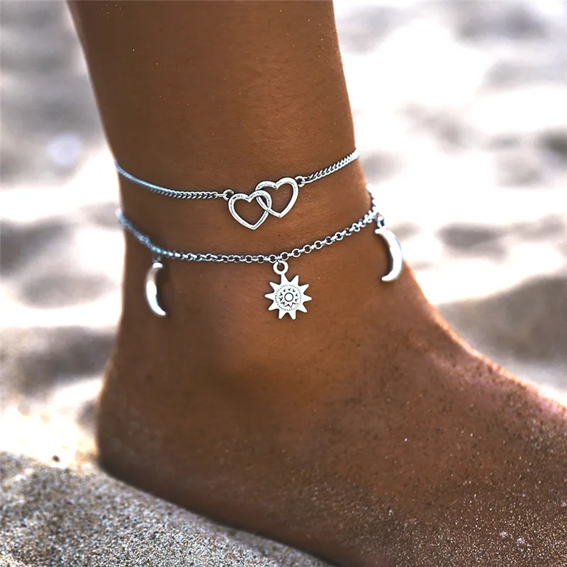 

2020 Summer Gold Chain Sandal Barefoot Foot Jewelry Layered Anklets Star Moon Heart Beaded Anklet Bracelet