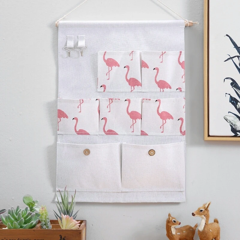 

HSB-11-1 White Flamingo Cotton Linen 7 Pockets Wall Hanging Storage Bag Cabinet Grocery Hanging Organizers for Room Bathroom, Green, blue, orange, white