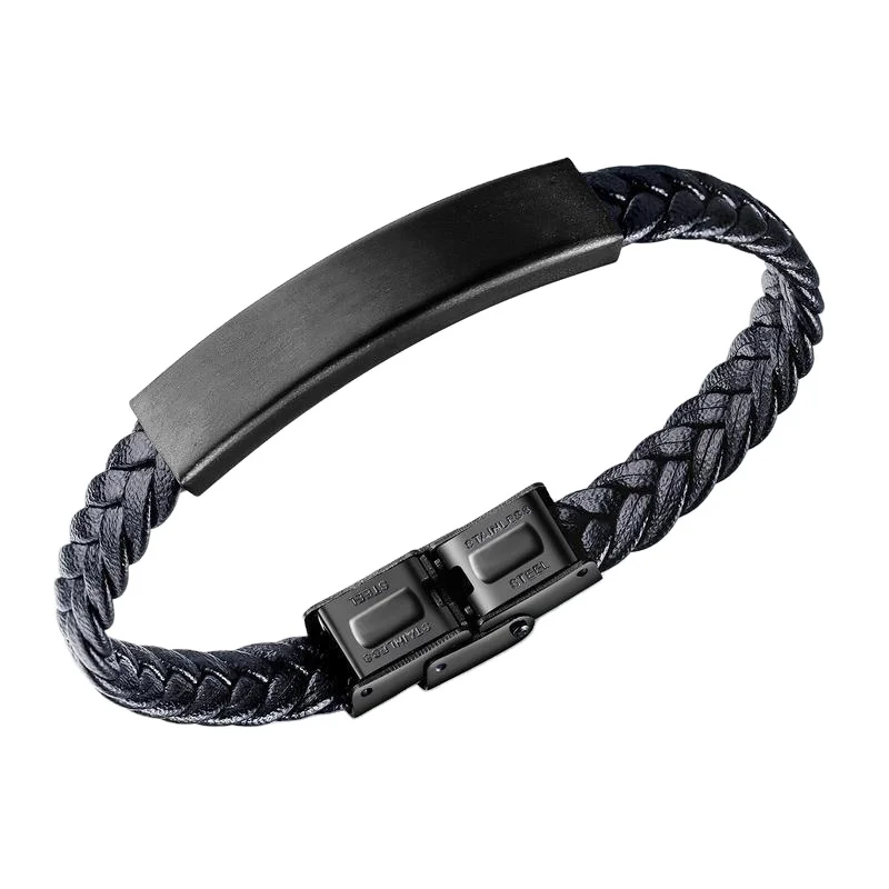 

Wholesale Men's Bracelet PU Leather Braided Bracelet Long Strip Blank Metal Customizable Logo Braided Bracelet, Black color