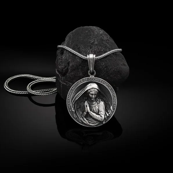 

Religious Christianity Virgin Mary Necklace Prayer Catholic Retro Men Women Pendant Necklace Jewelry Stainless Steel Chain, Black