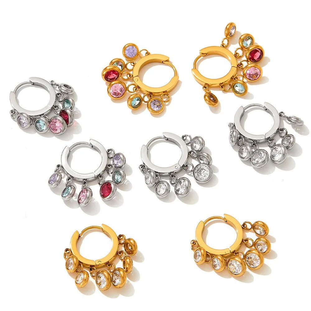 Tar Free Stainless Steel Tassel Waterproof Jewelry 18k Gold Plated Circle Colored Zircon Earrings YF6031