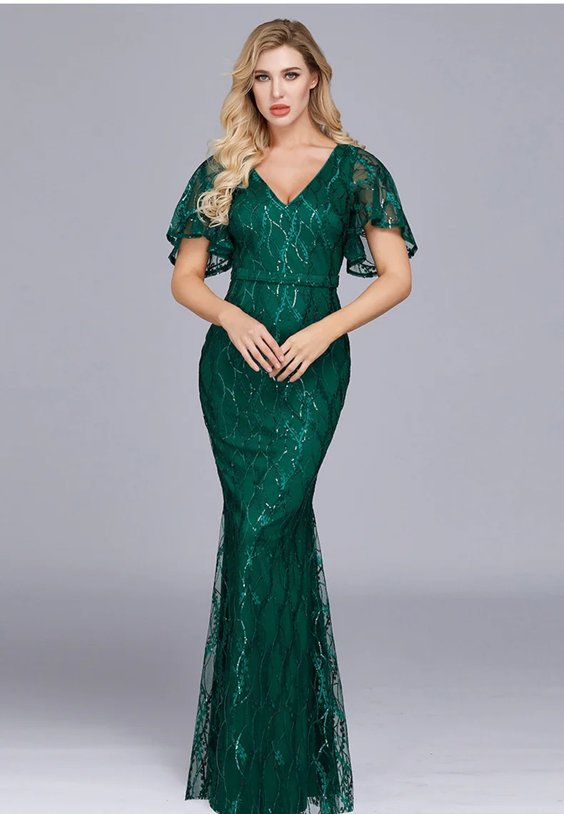 时尚女装短袖高腰美人鱼设计流行优雅晚装礼服,晚礼服