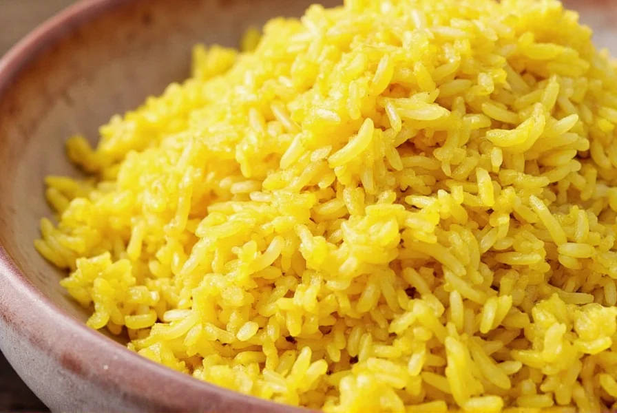 Close-up of golden saffron rice with visible saffron threads in a traditional Persian pot