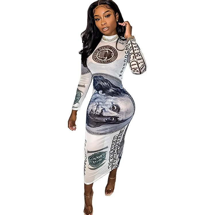 

Hot Selling Fall Dollar Money Maxi Outfits Ladies Beautiful Boutique Luxury Bodycon Women Sexy Club Dresses Party, Dollar print