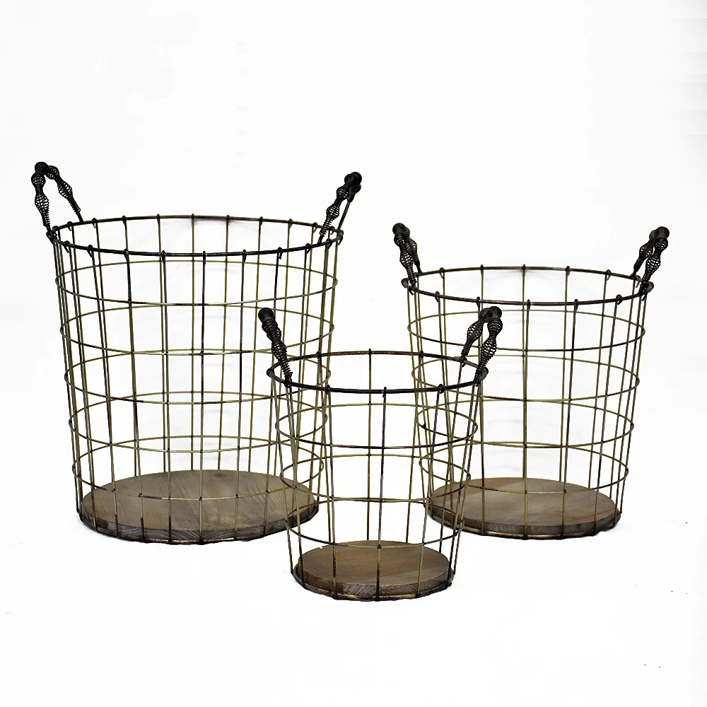 Wooden Bottom Antique Vintage Industrial Metal Wire Storage Basket With