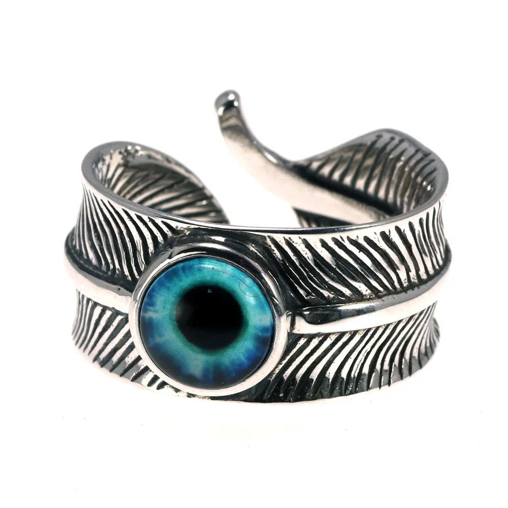 

Sterling Silver 925 Feather Evil Eye Resin Ring with Demon Eye for Men And Women Not Allergic Retro Punk Rock Opening Rings