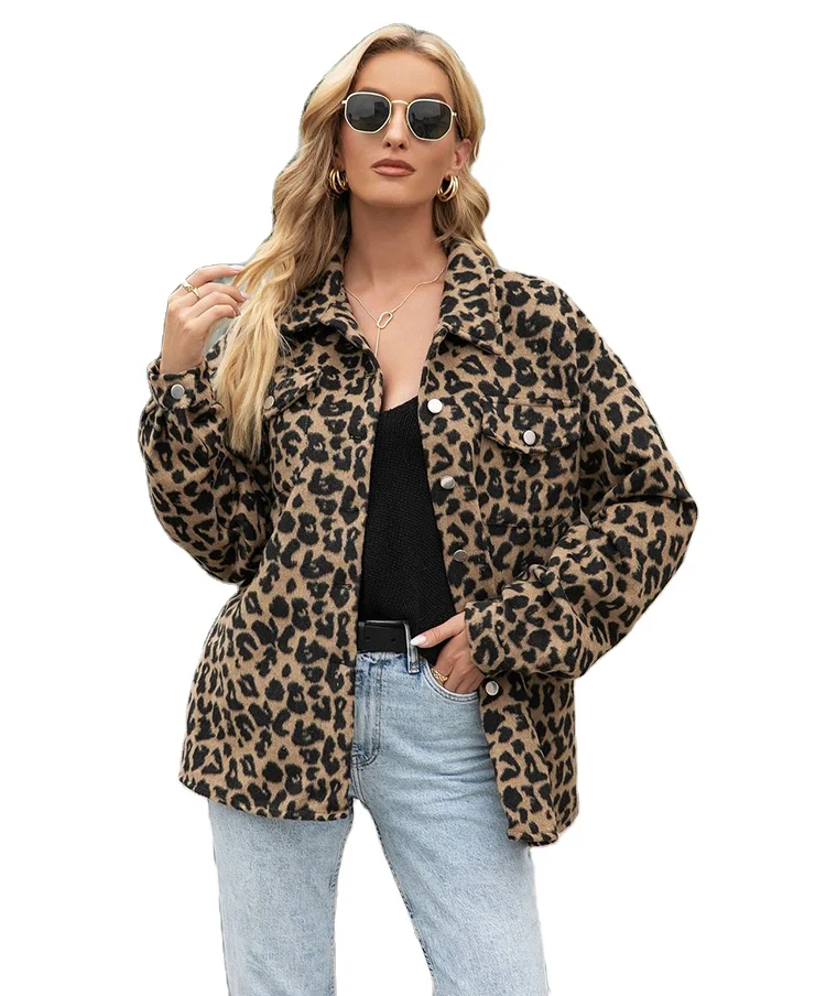 

Free Shipping Women Fashion Casual Long Sleeve Button Pocket Leopard Print Jacket Coat