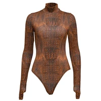 

Crocodile pattern long sleeve bodycon bodysuit autumn winter women high neck print streetwear club body
