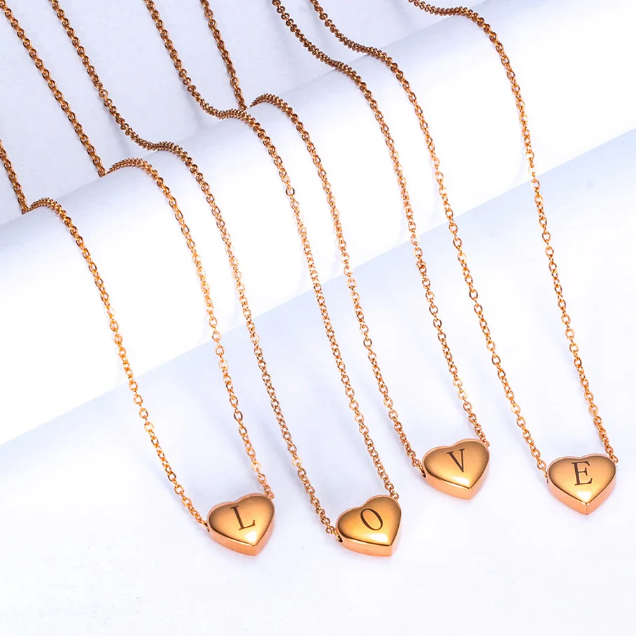 

Romantic Heart Pendants Necklaces Women Jewelry 316L Stainless Steel 26 Letters Initial Necklace Rose Gold Chain