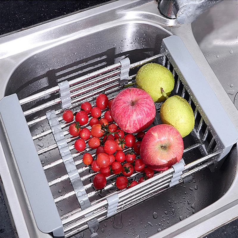 

304 Stainless Steel Extendable Dish Drying Rack Kitchen Organizer Telescopic Sink Storage Rack Vegetable Wash Basket, Black and grey