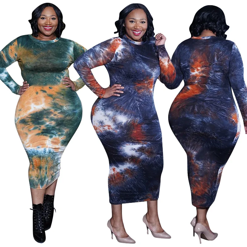 

2021 new arrivals summer fashionable tie-dye printing O-neck sexy tight buttocks long-sleeve plus size women casual long dresses, Picture color