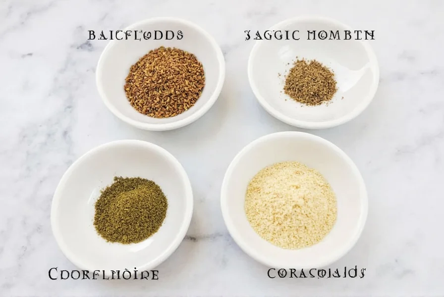 Homemade spice blend ingredients including coriander seeds, oregano, and garlic powder measured in small bowls