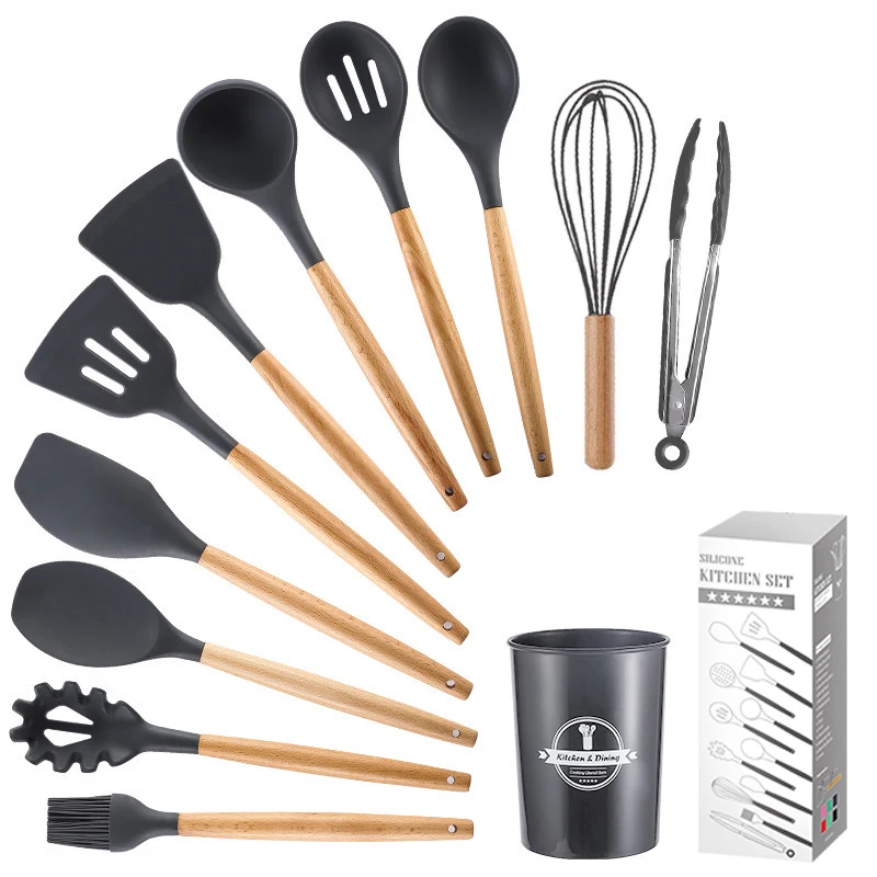 

12 pcs good quailty silicone kitchen ware utensils set cooking with Wood Handle Easy to clean, Customized