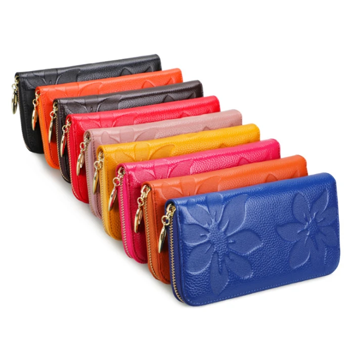 

Guangzhou wholesale colorful embossed flower long women pure cowhide leather wallet, Black, orange, yellow, red, rose, pink, purple.