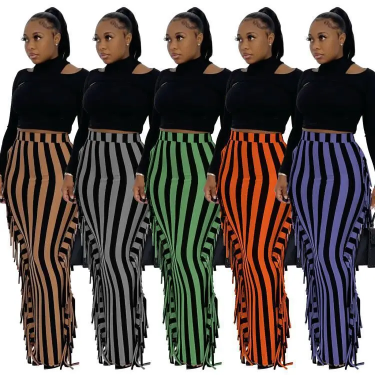 

High Quality Cotton Womens Stripe Print Skirt With Tassel Maxi Slim High Waist Skirts