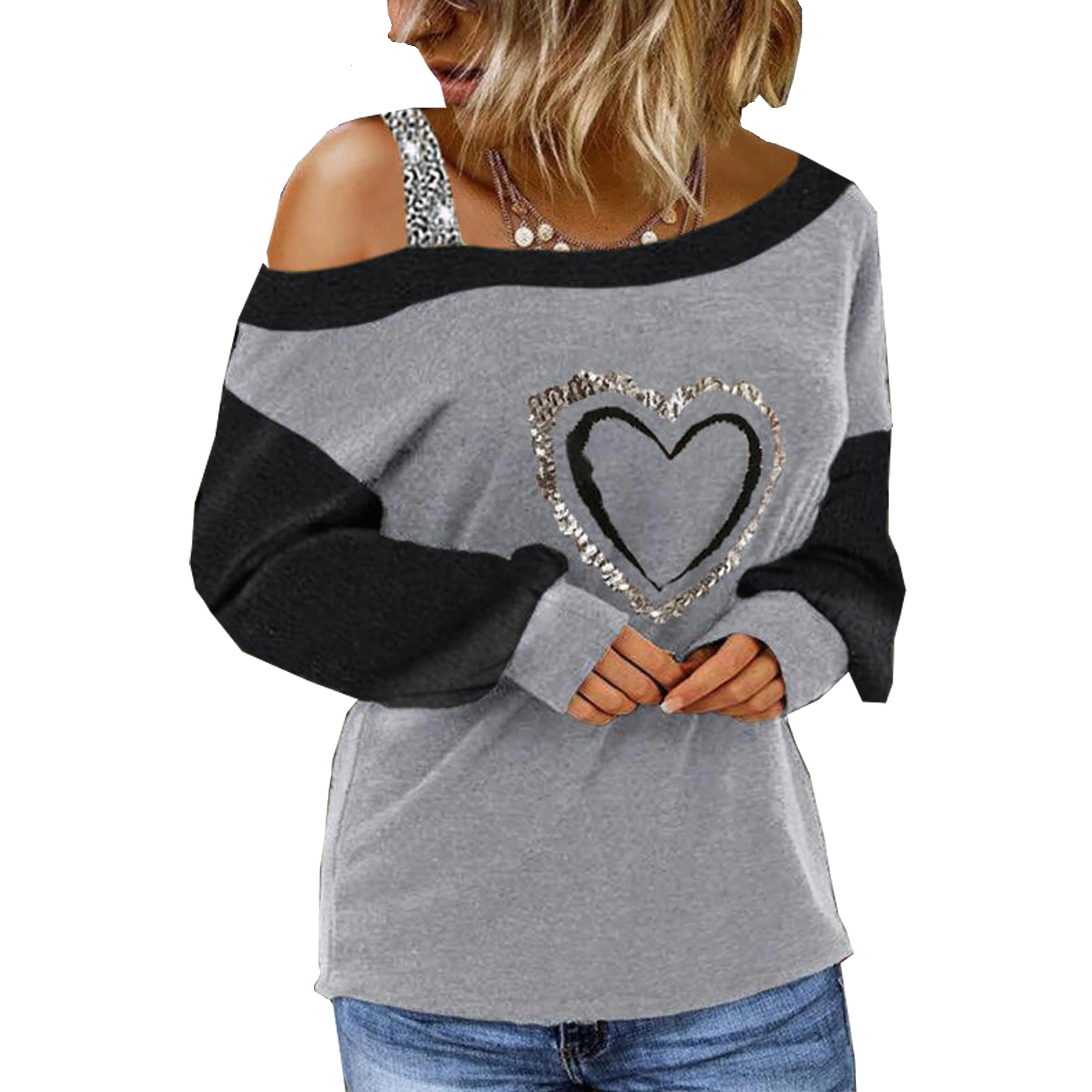 

Hot Sale Print Casual Blouses Sequins One-Shoulder Long Sleeves Top's Blouses, Gray