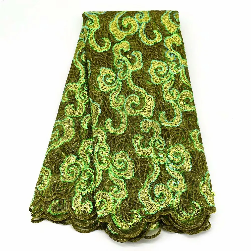 

Very beautiful Olive green factory price shiny new design sequins embroidery complex pattern lady wedding fabric, Cupion