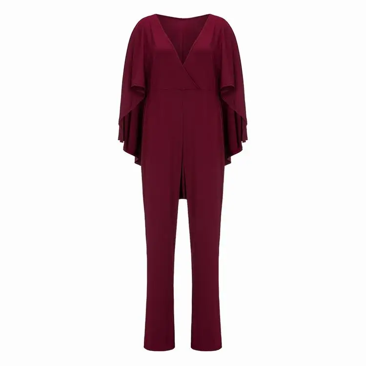 2019 Factory Price Women Sexy V-Neck Plain Color Cape Jumpsuit Women Jumpsuits And Rompers