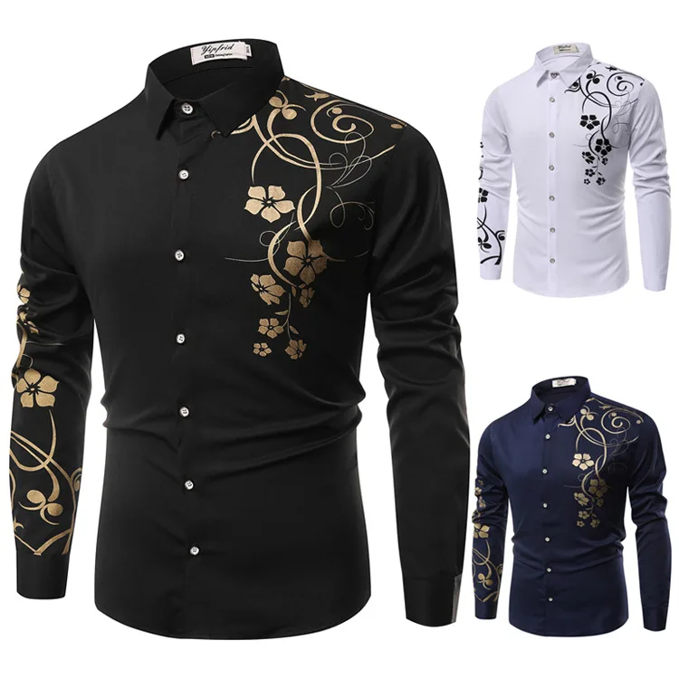 

Luxury Golden Print Shirt Men New Slim Fit Long Sleeve Camisa Social Men Club Prom Shirts, White/navy/black