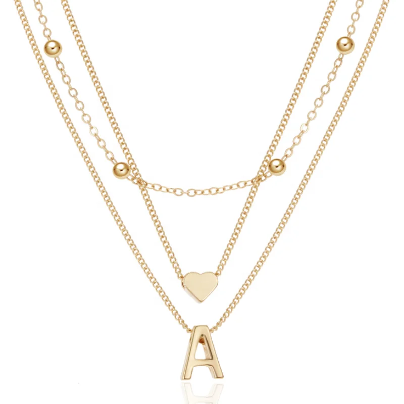 

Wholesale 26 Letters Initial Layered Necklace Neck Chain Three Multi Layer Necklace For Women Heart Love Alphbet Letter Necklace, Gold silver rose gold etc.