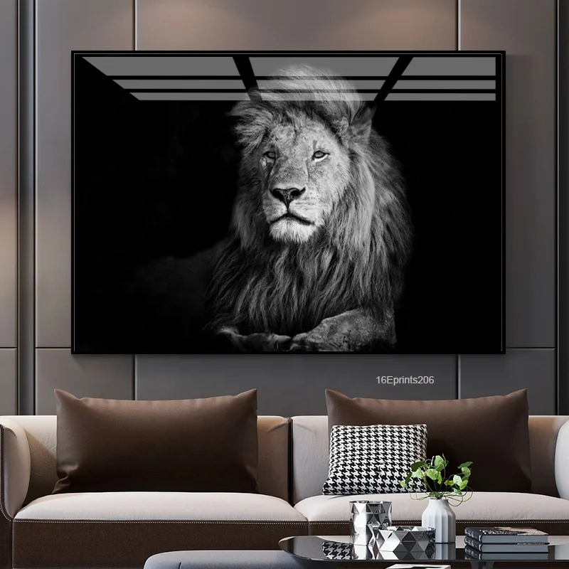 

Factory Wholesale Wall Art Hd Uv Printing Black Lion Metal Framed Crystal Porcelain Painting Animal