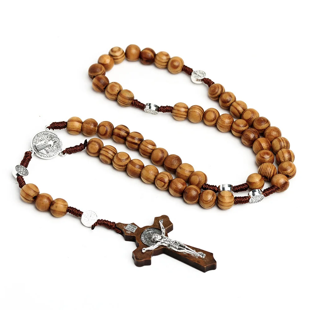 

Rosaries Religious Catholic Wood Beads Necklace Virgin Mary Charm Cross Jesus Necklace, Picture