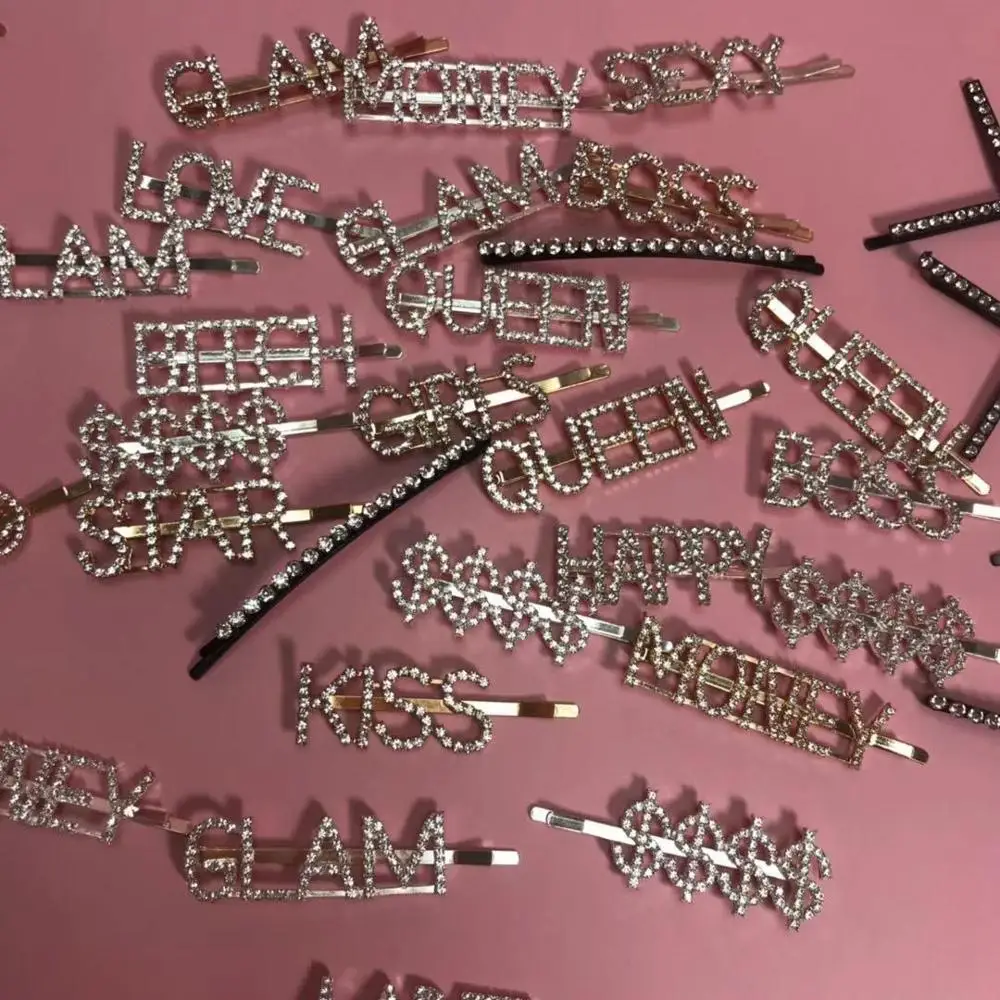 

free shipping wholesale 2019 Glitter Word Fashion Pearl Rhinestone Custom for Women Crystal Letter Clip Hair pins
