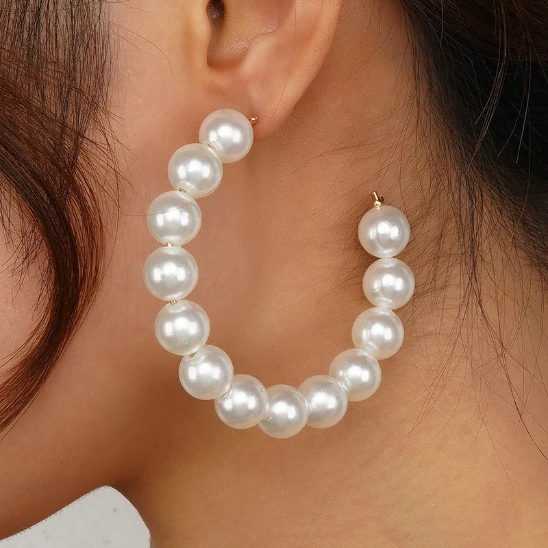

New Boho White Pearl Round Circle Hoop Earrings Gold Color Big Earings Women Statement Earrings Jewelry, Picture shows