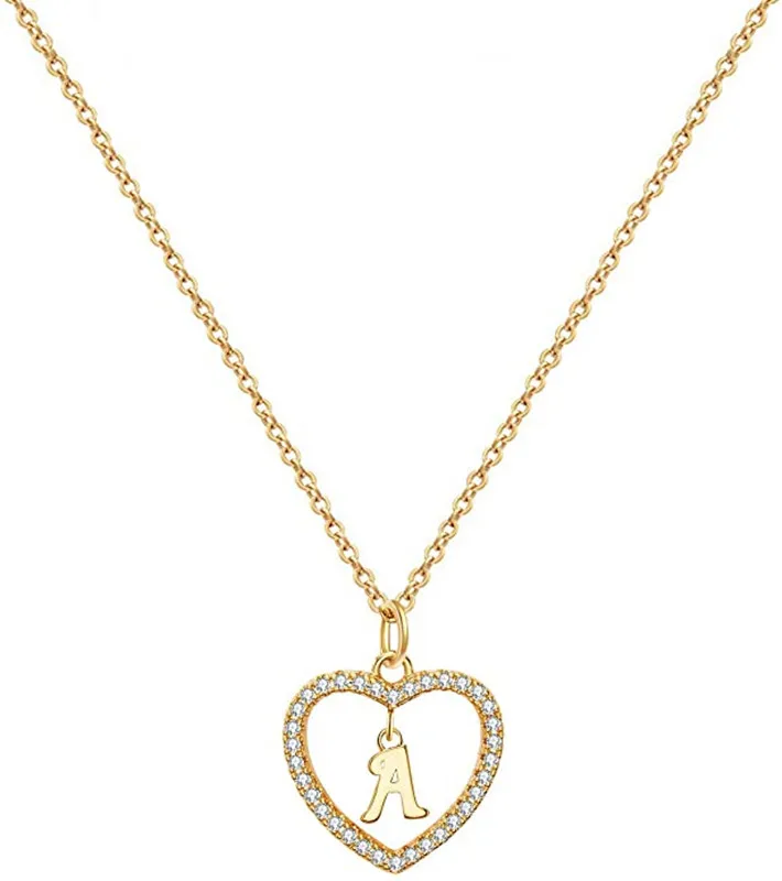 

2021 New Heart Pendant Necklace Zircon Initial Necklace for Women Kids Girls Jewelry Cute Heart Necklace, Gold