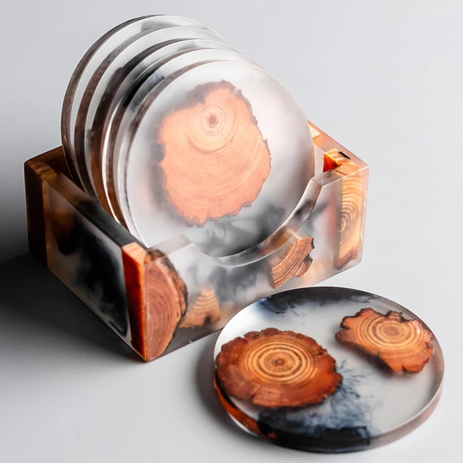 

Wholesale Square Round Design Drink Tea Cup coaster resin and wood With Holder Set of 6 with Holder