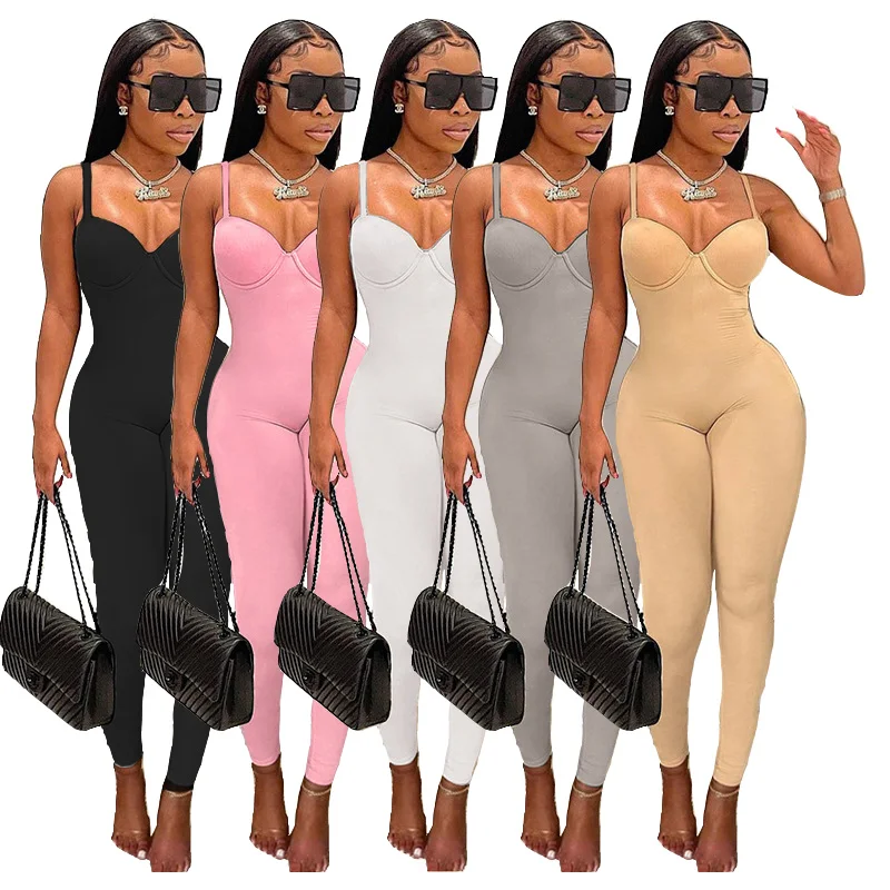 

Amazon Top Seller Solid Blank Push Up Sleeveless Sexy Slim Stretch One Piece Lady Jumpsuit