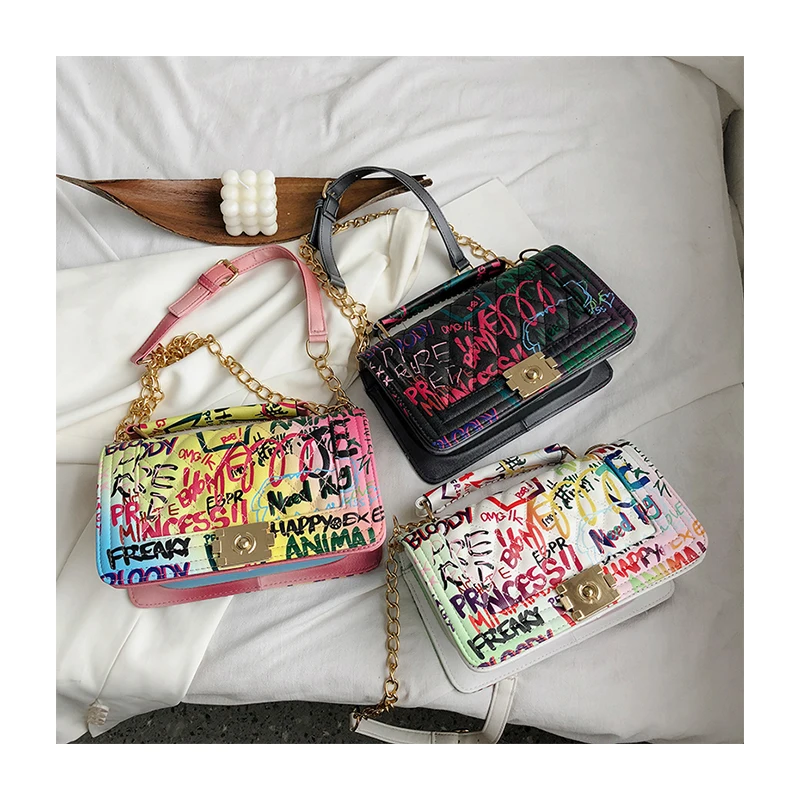 

Wholesale New Designer Graffiti Handbags For Women Luxury PU Leather Shoulder Crossbody Bag Ladies Chain Purses