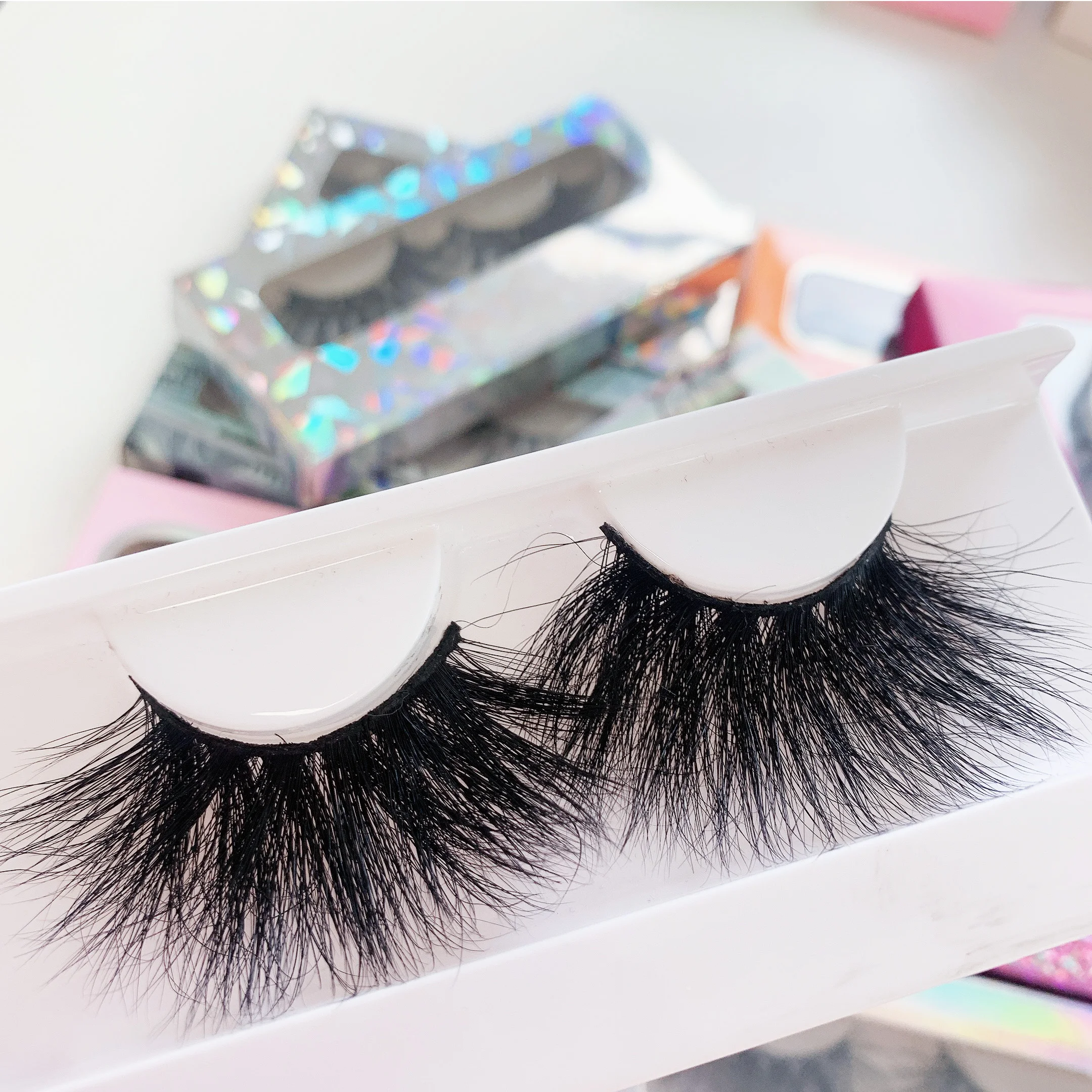 

Factory Price False 25mm eye lashes 3D Faux Mink Eyelash Private Label Eyelash Box full strip lashes, Black color