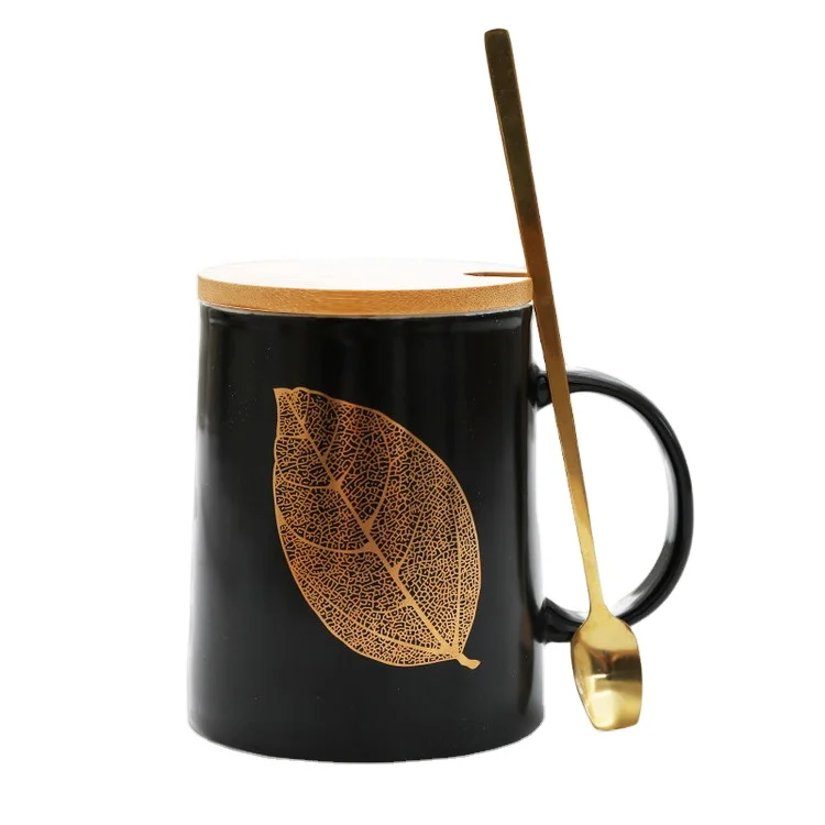

gold leaf black matte ceramic mug cup with bamboo lid and spoon, Various
